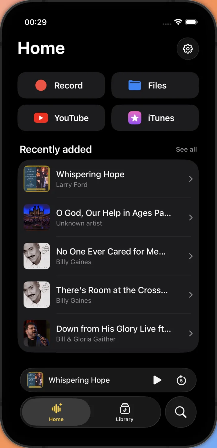 Lyricly home screen with Record, Files, YouTube and iTunes