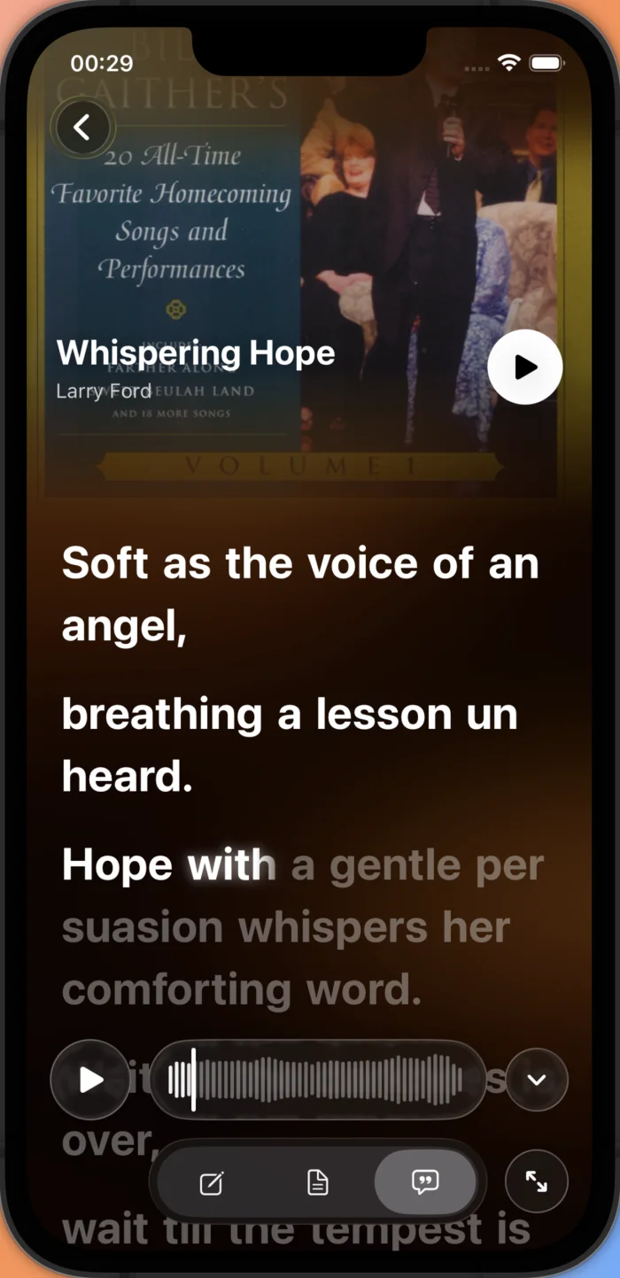 Sing-along lyrics lighting up word by word